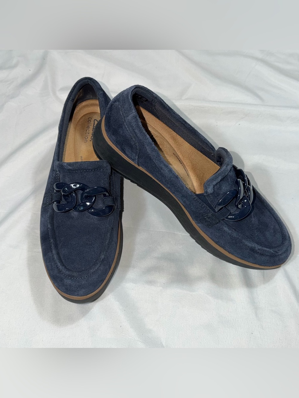 Clarks Zylah May Navy Suede Chain Platform Loafers Women’s 9.5M - Picture 1 of 11